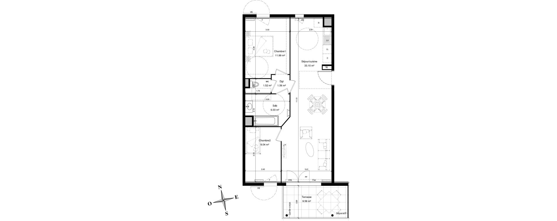 Appartement T3 de 63,25 m2 &agrave; Solli&egrave;s-Pont Centre