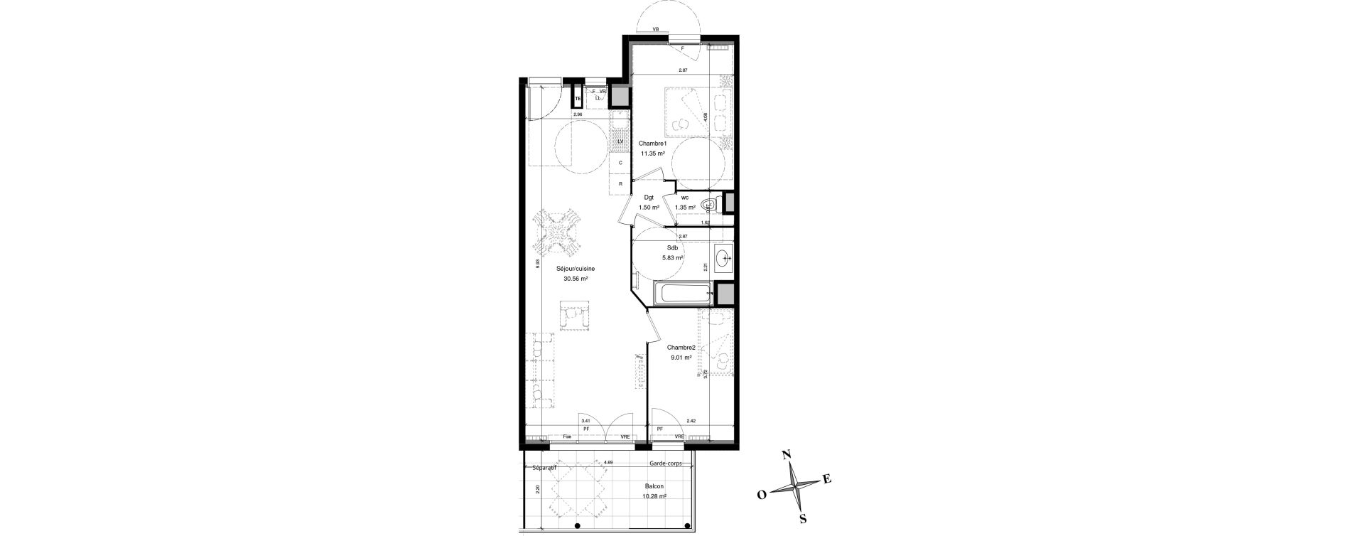 Appartement T3 de 58,58 m2 &agrave; Solli&egrave;s-Pont Centre