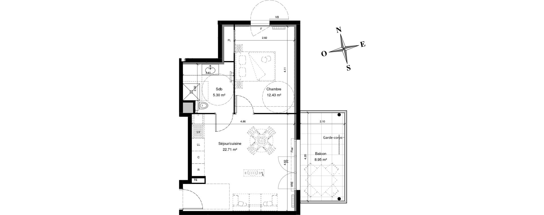 Appartement T2 de 40,45 m2 &agrave; Solli&egrave;s-Pont Centre