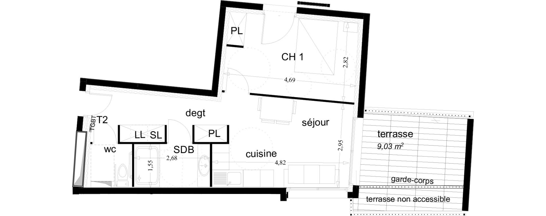 Appartement T2 de 42,12 m2 &agrave; Toulon Bas faron
