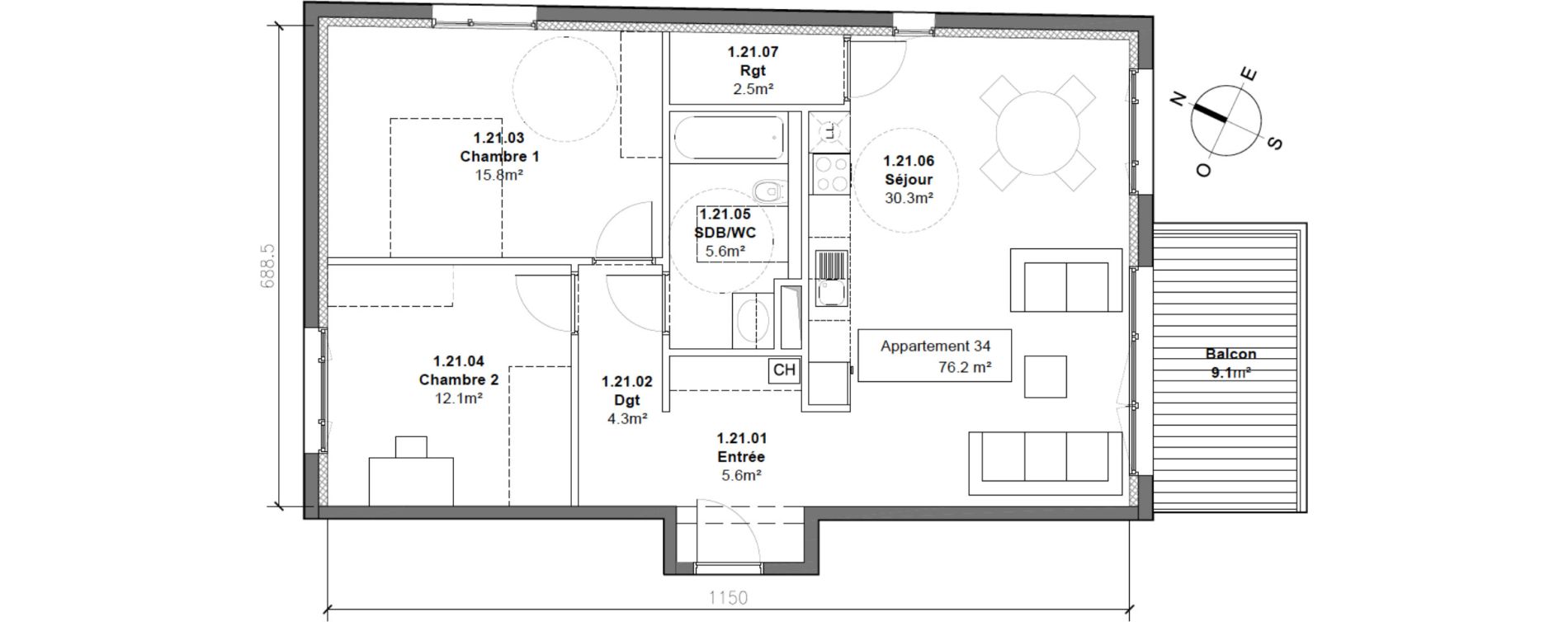 Appartement T3 de 76,20 m2 &agrave; Monteux Centre